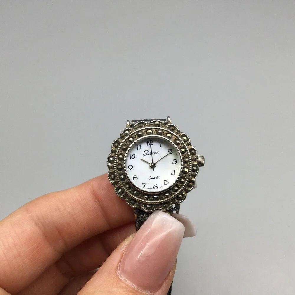 Pamex Womens Watch 26mm Silver Tone Marcasite MOP Dial New Battery 6.5